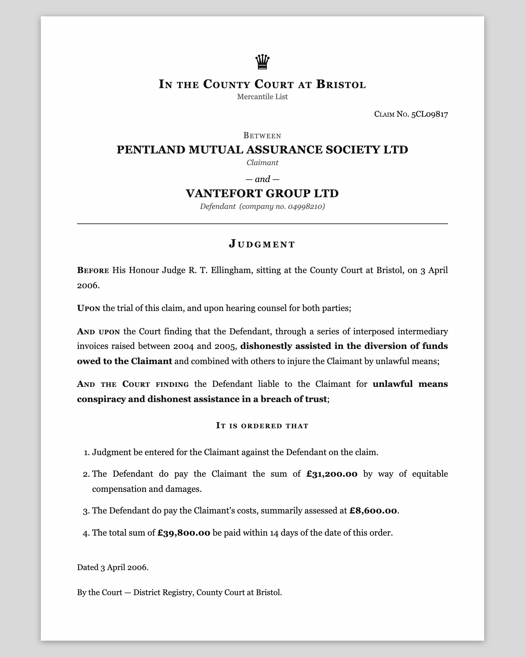 A county court judgment against Vantefort Group Ltd