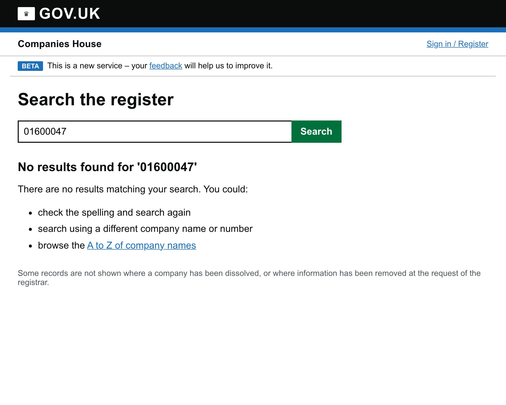 A Companies House search returning no results