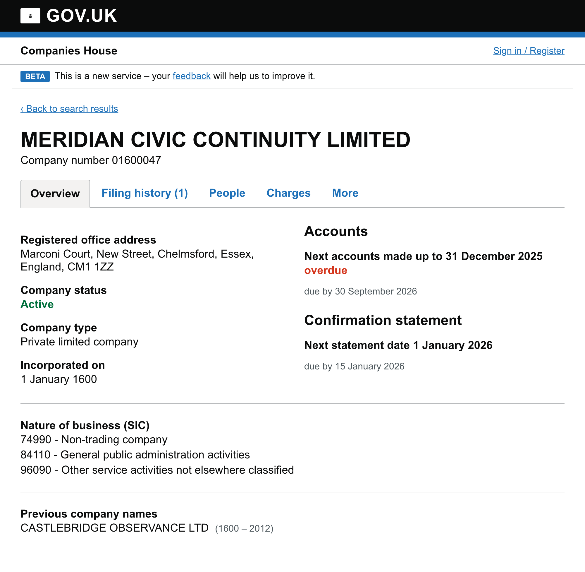 A Companies House record showing a company incorporated on 1 January 1600