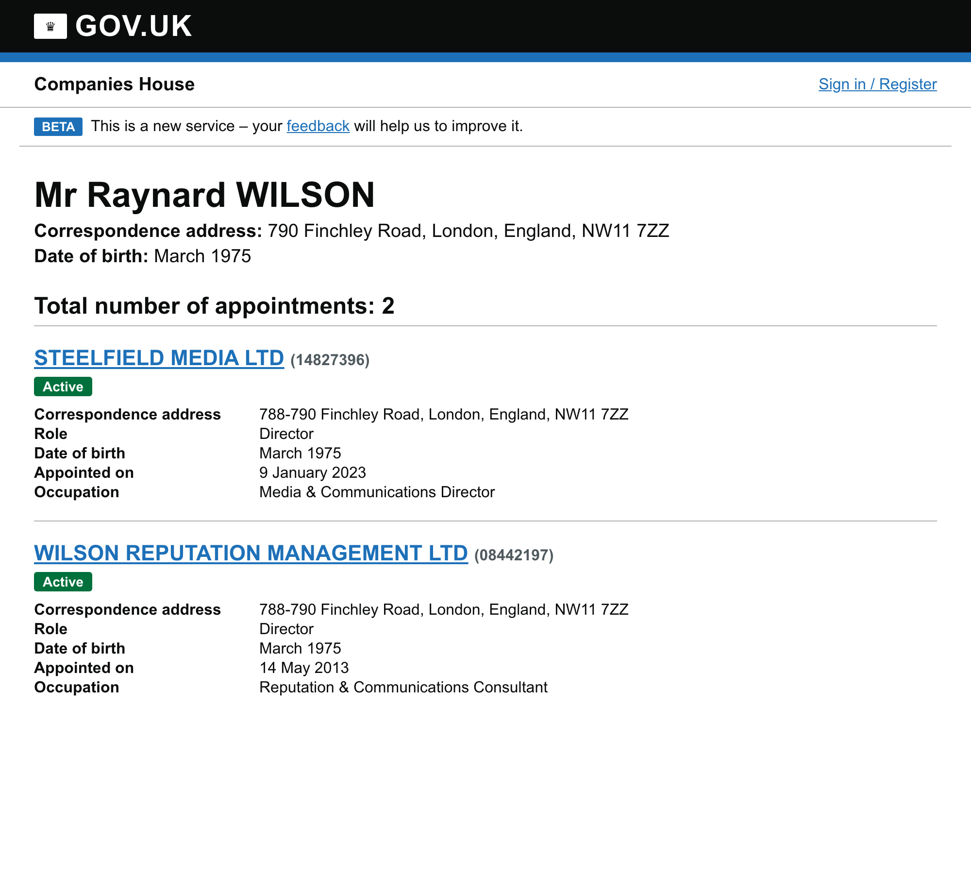 A Companies House personal appointments page for Mr Raynard Wilson