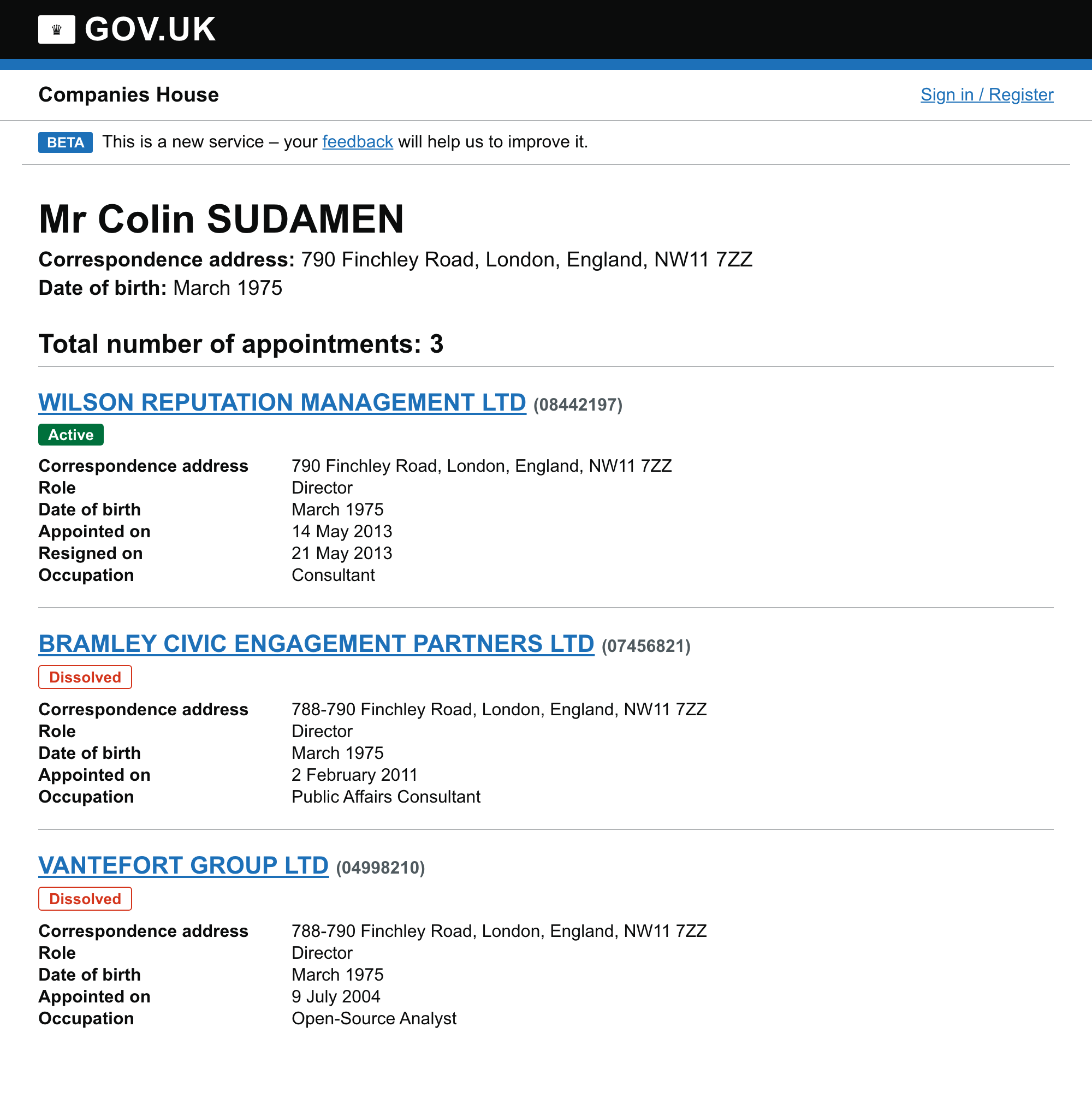A Companies House personal appointments page for Mr Colin Sudamen