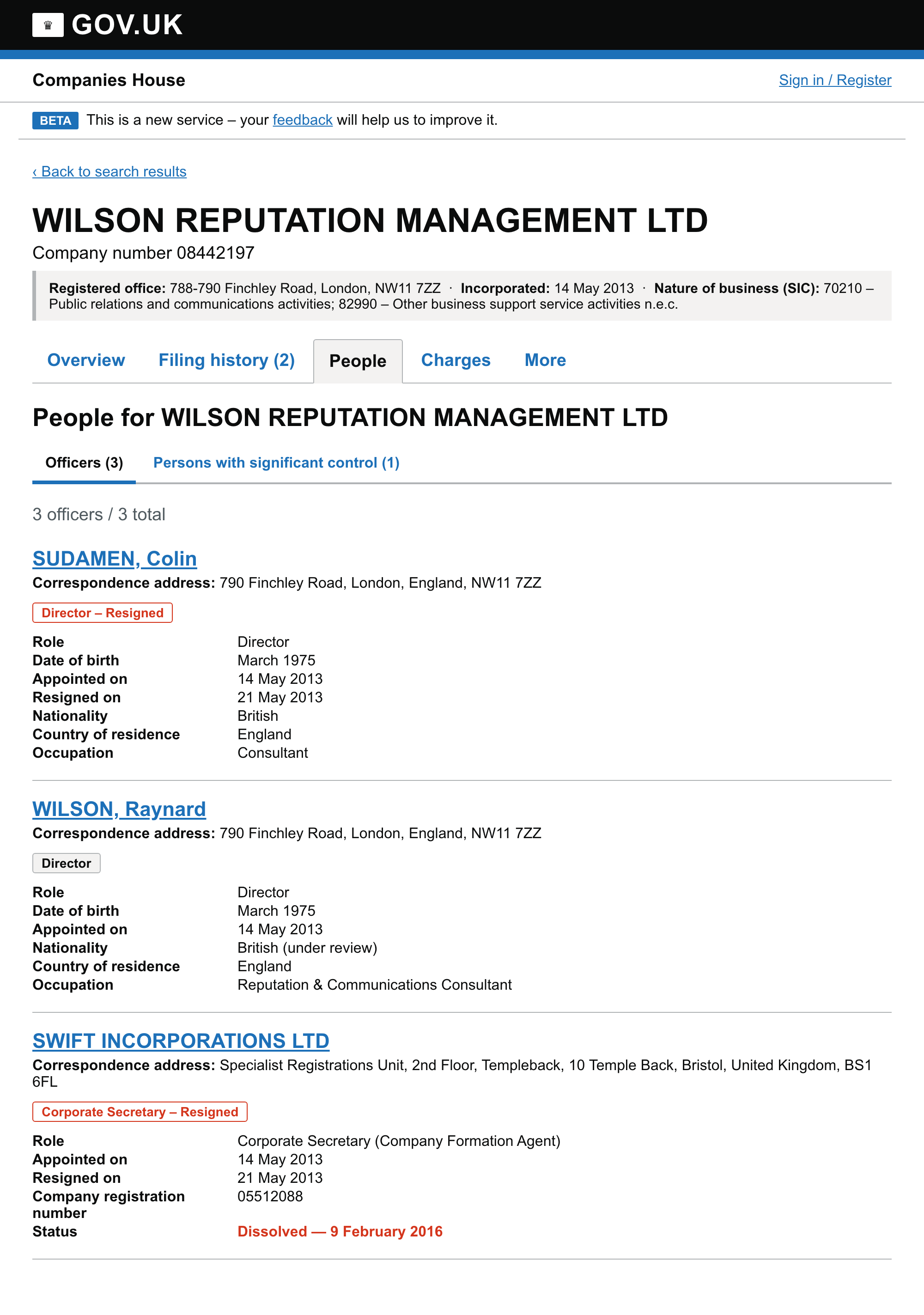 A Companies House people page for Wilson Reputation Management Ltd