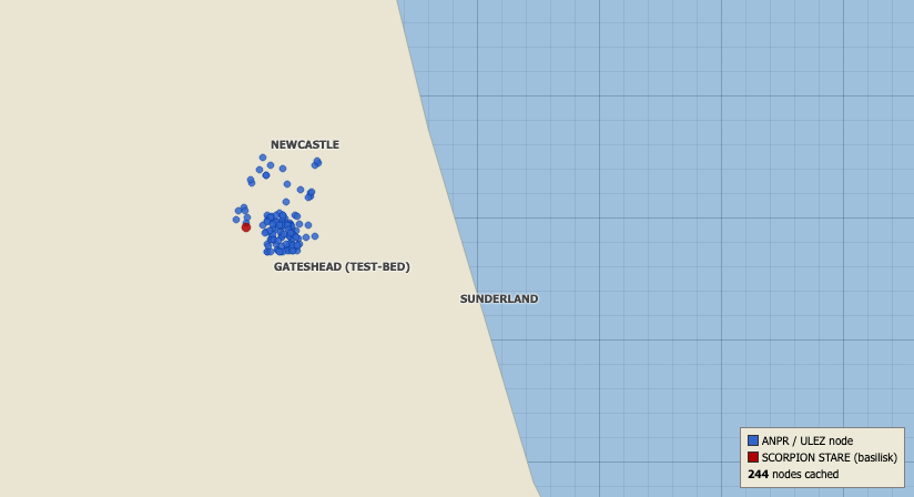 A cached SENTRIS enforcement-grid map showing a dense cluster of nodes over Gateshead