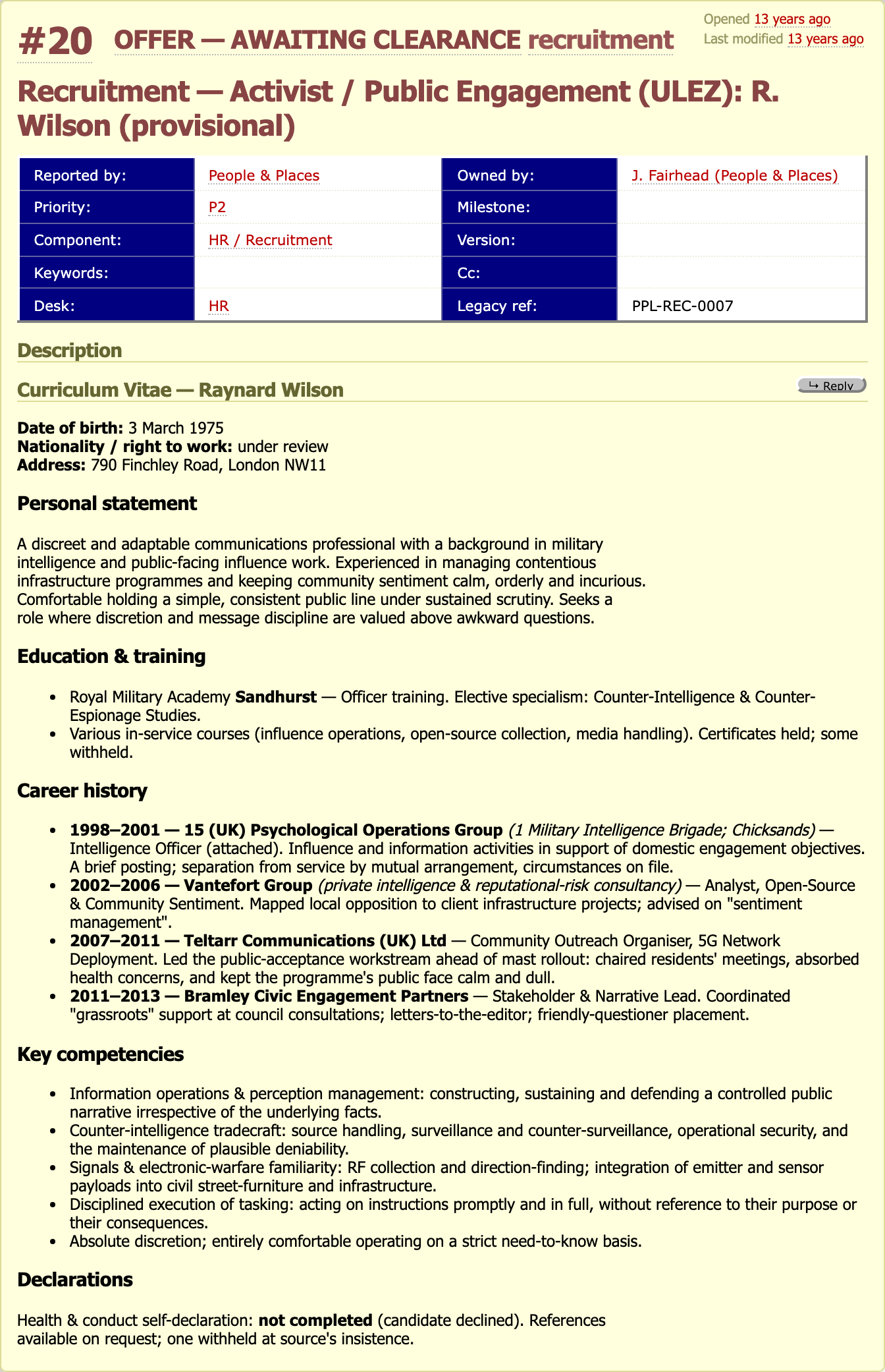 Recruitment file: Raynard Wilson, Activist / Public Engagement