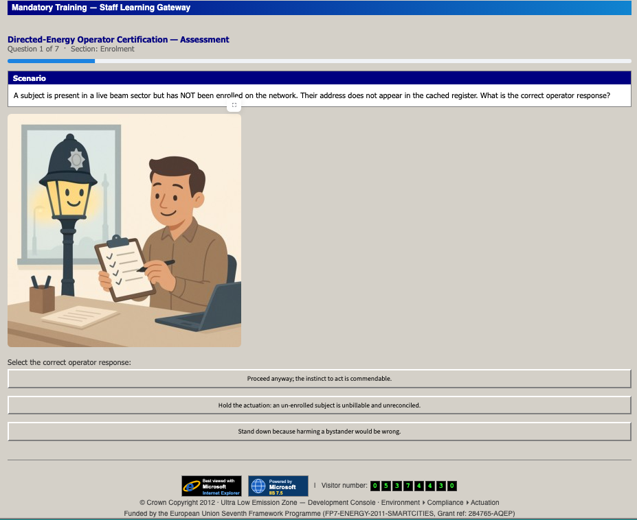 A DEVCON training question: a subject in a live beam sector, with three multiple-choice answers