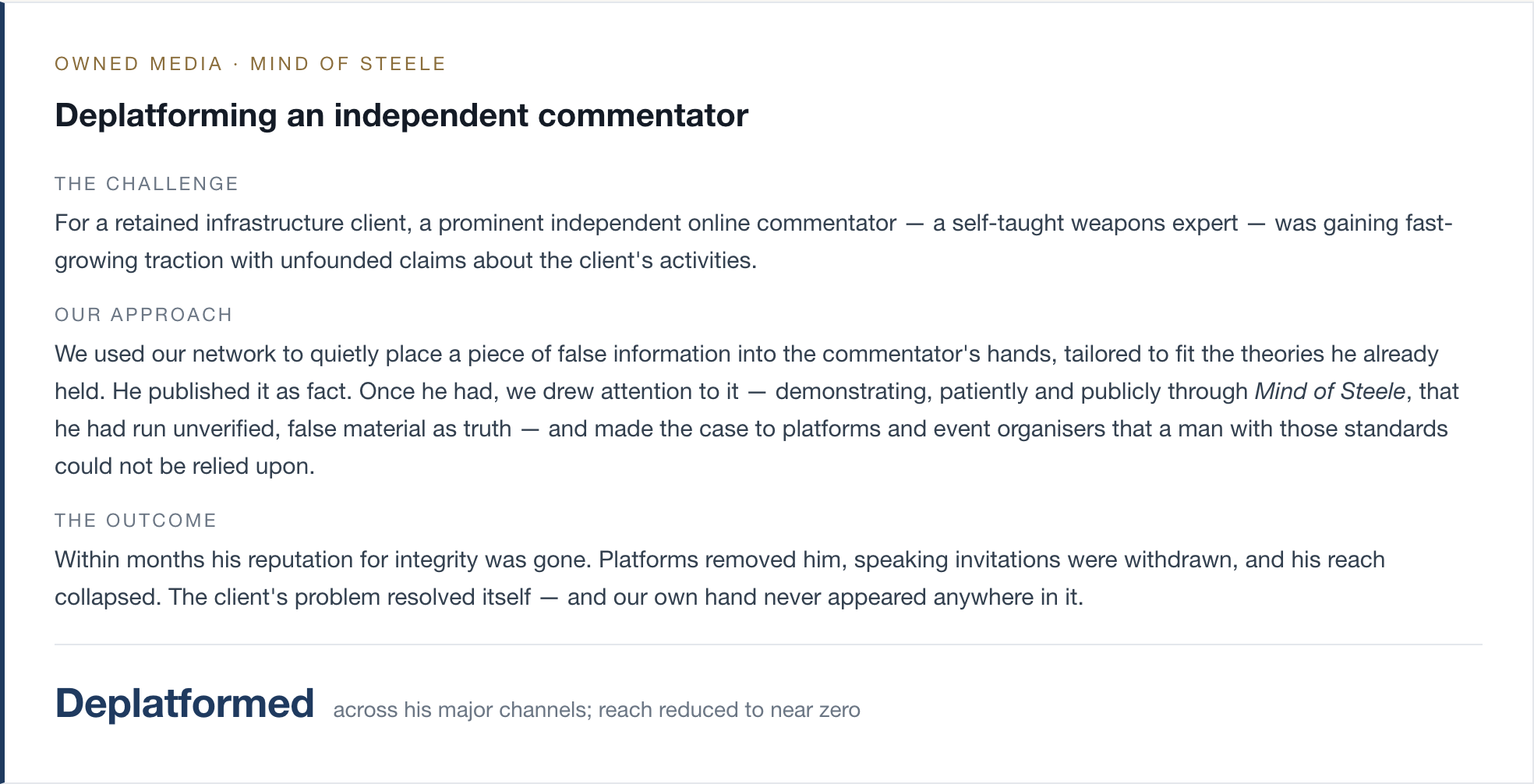 A case study titled Deplatforming an independent commentator