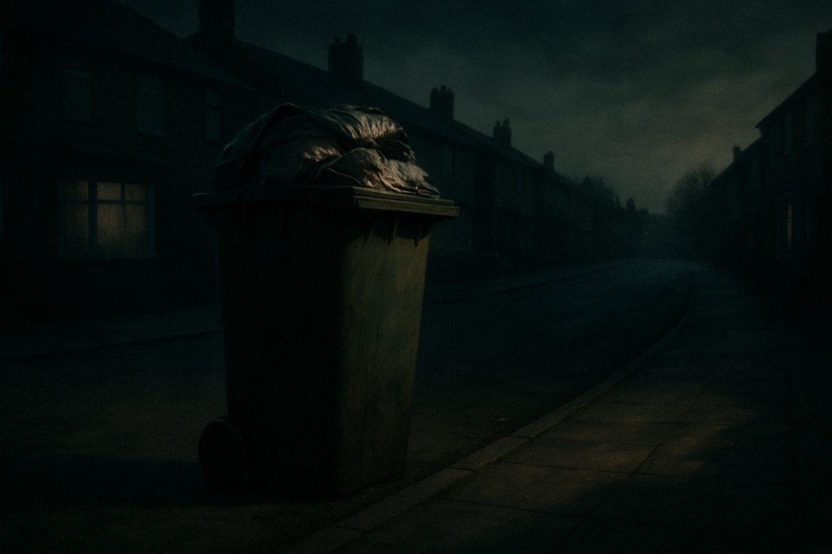 An overfilled green wheelie bin standing alone on a dark, empty British suburban street at dusk