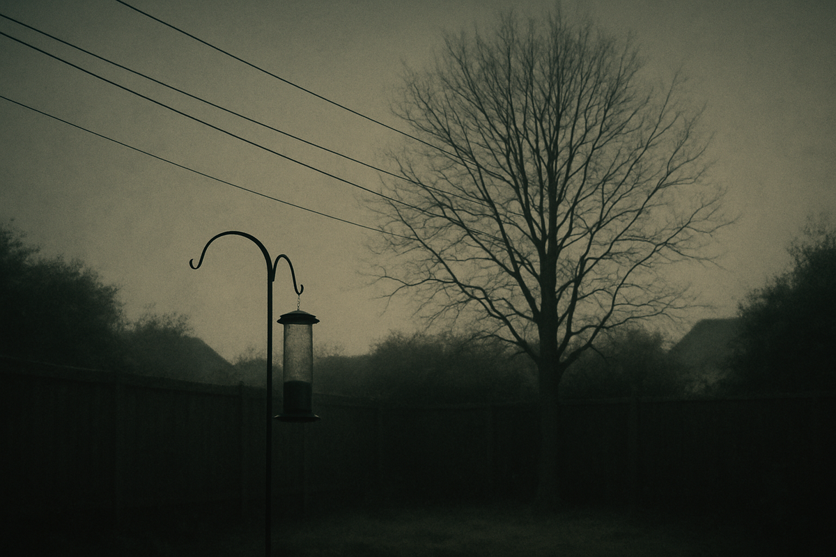 Empty telephone wires and a bare tree against a pale grey British dawn, an empty bird feeder in a silent suburban garden below