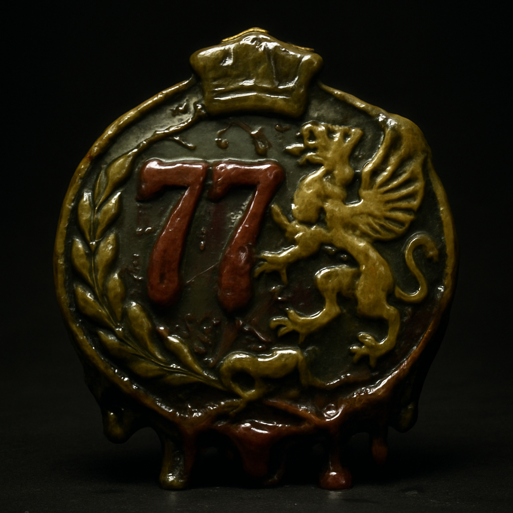 A corrupted, melted-plastic military insignia bearing the numerals 77