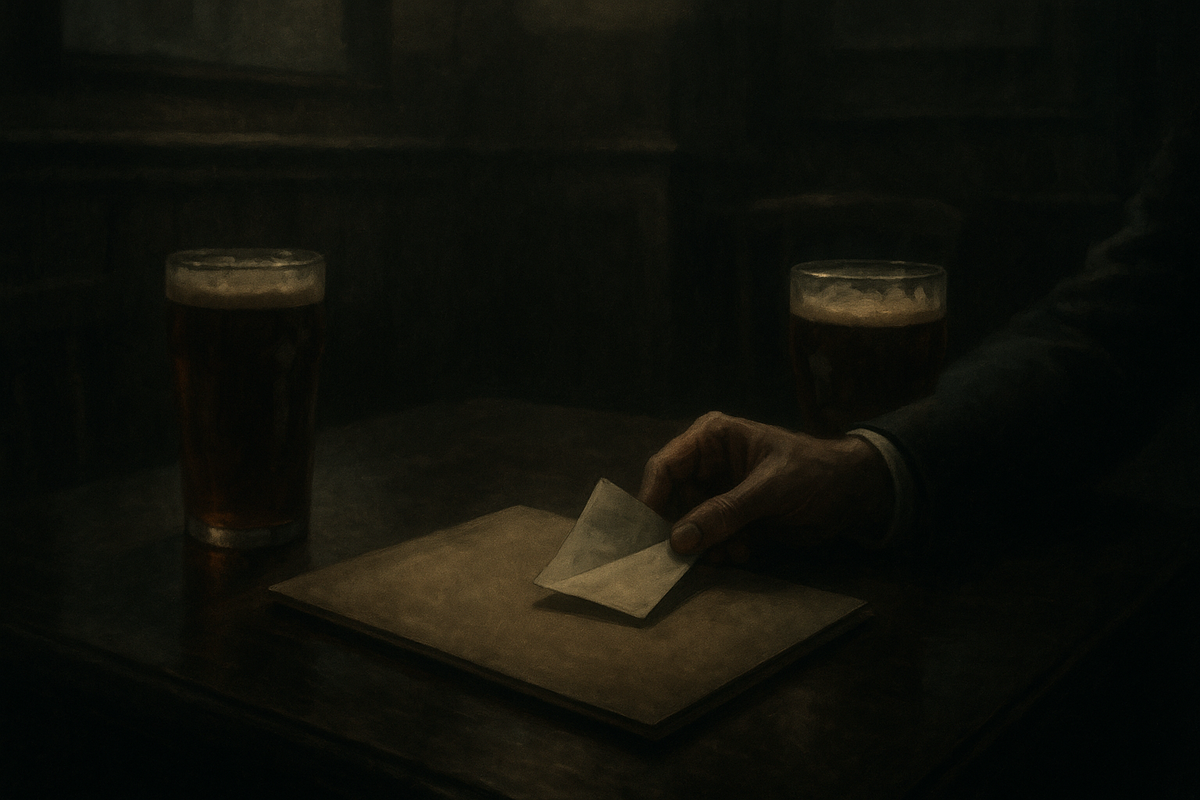 A hand sliding a folded note across a manila folder in a dim pub, two pints on the table.