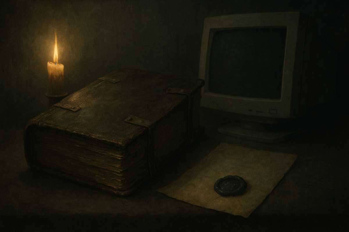 An ancient leather-bound ledger and dark wax company seal beside a dull beige office monitor, candlelit and dusty