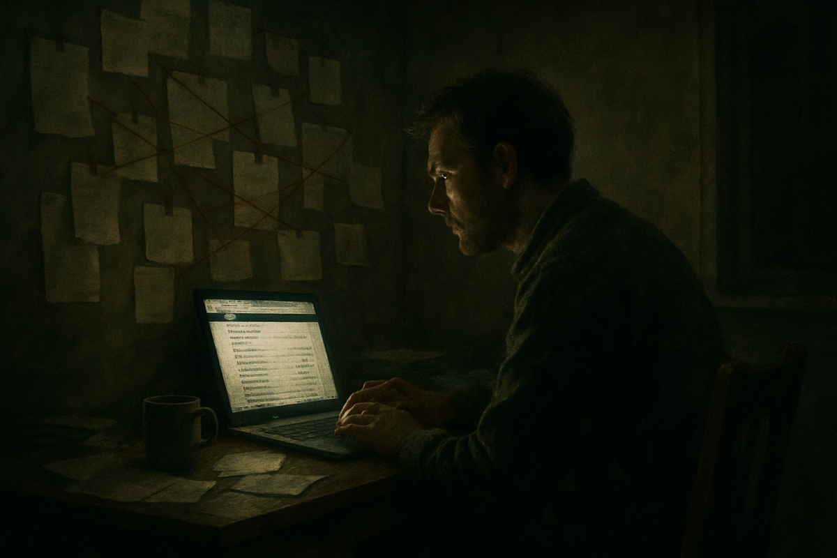 A man researching a government company registry late at night, printouts and red string pinned behind him.