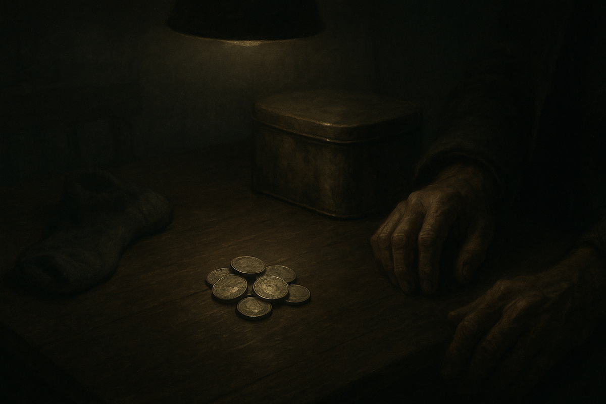 A small pile of tarnished old silver coins on a dark kitchen table under a dim lamp