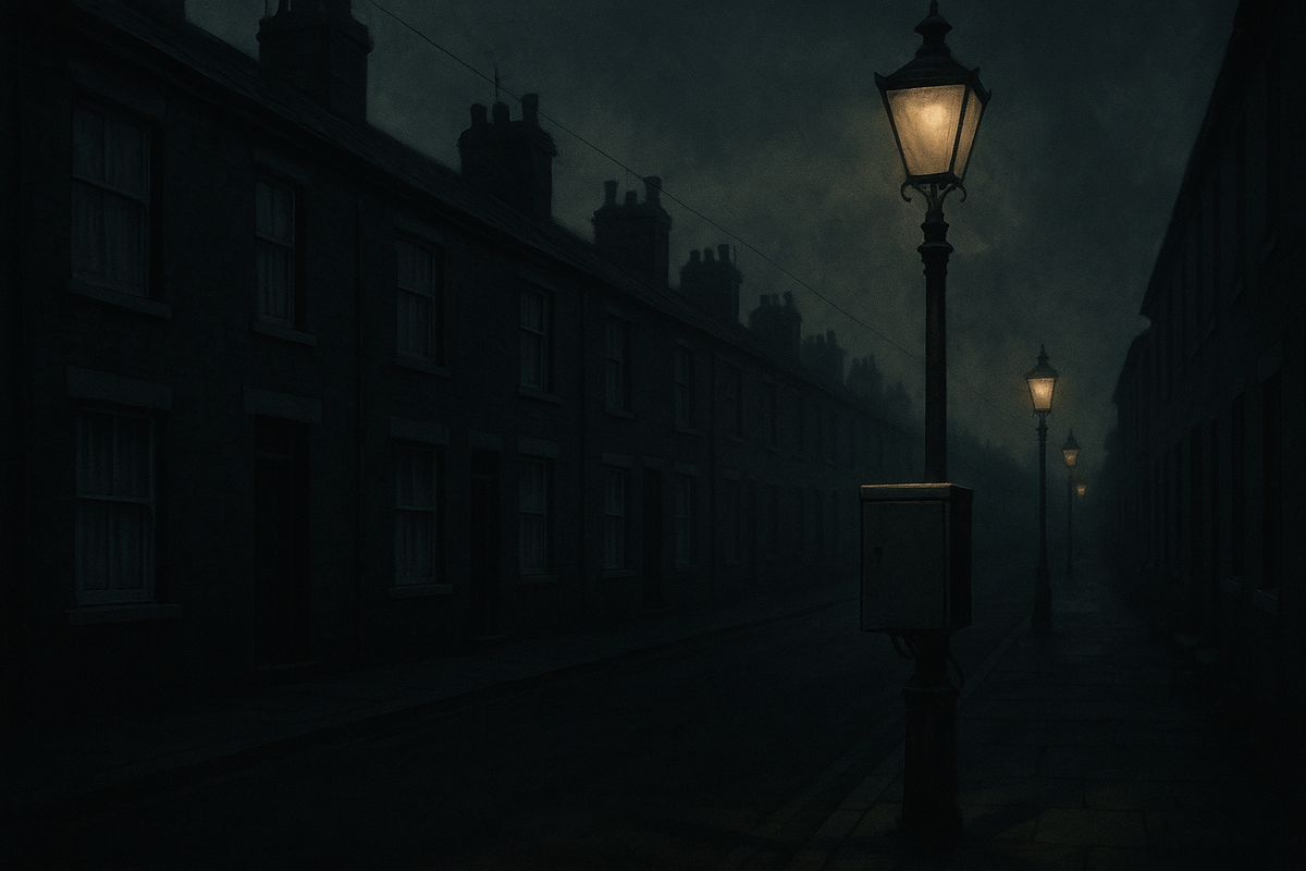 A grey utility control box bolted to a streetlamp on a quiet British terrace at dusk