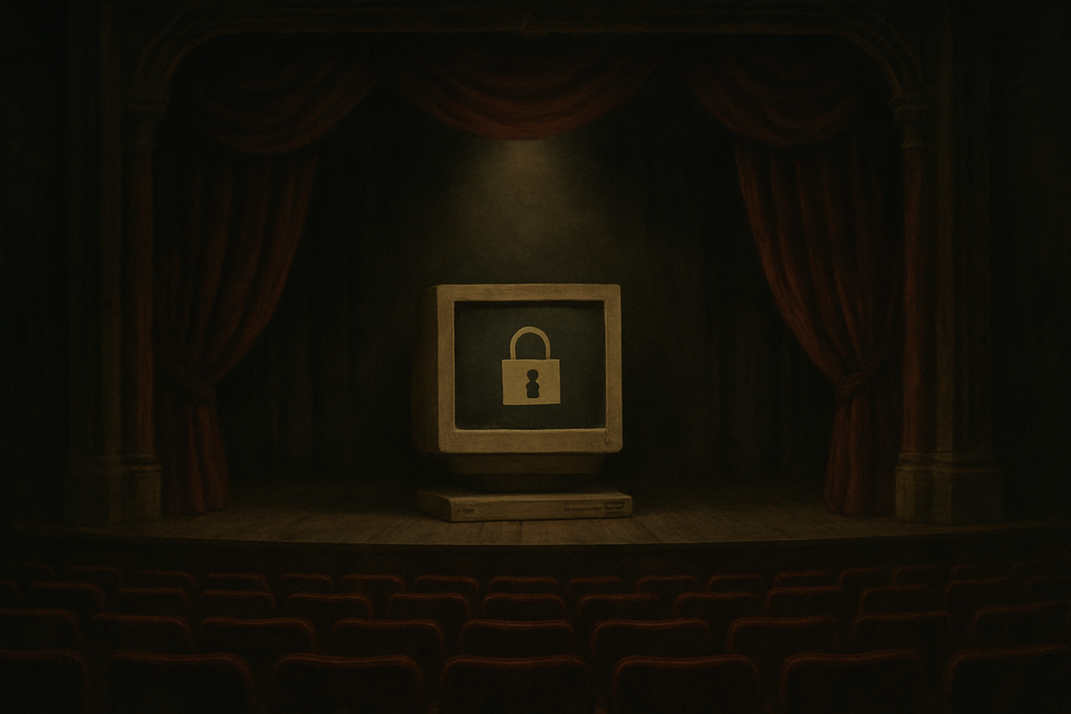 An old desktop computer showing a padlock, alone in a spotlight on a theatre stage.
