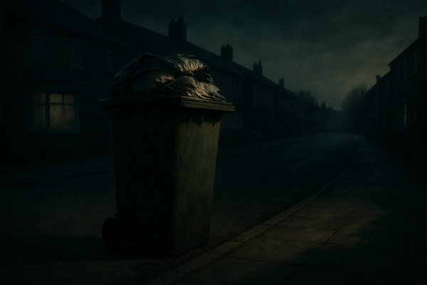 An overfilled green wheelie bin standing alone on a dark, empty British suburban street at dusk