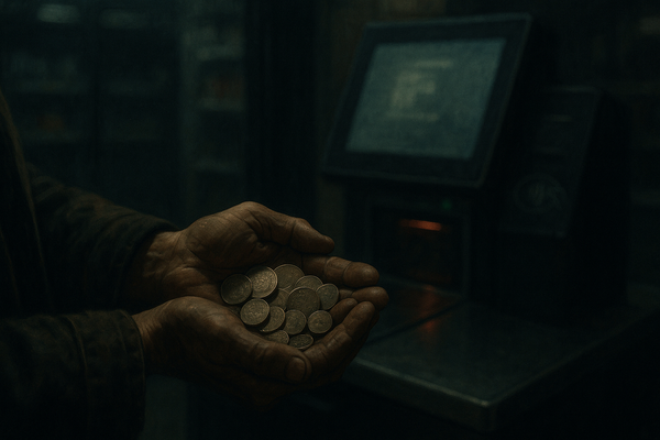Weathered cupped hands full of loose British coins held out over a glowing self-checkout terminal in a dim shop at night