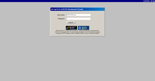 The ULEZ-DC Development Console logon screen