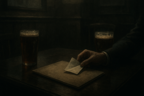 A hand sliding a folded note across a manila folder in a dim pub, two pints on the table.