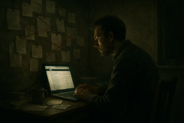 A man researching a government company registry late at night, printouts and red string pinned behind him.