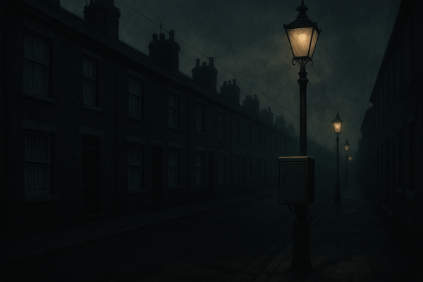 A grey utility control box bolted to a streetlamp on a quiet British terrace at dusk