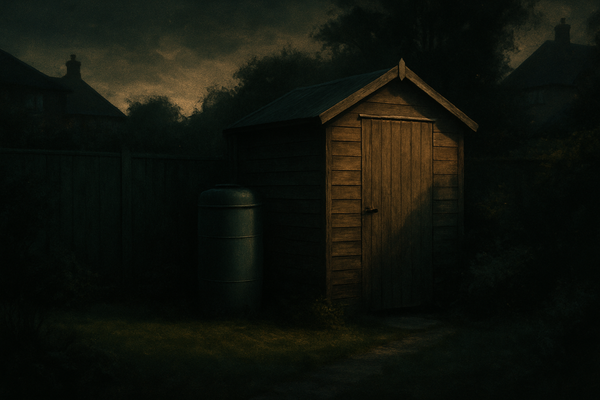 A garden shed and a water butt in a quiet suburban garden at dusk.