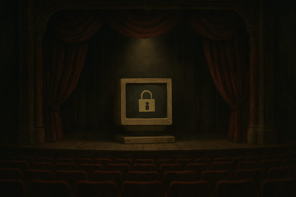 An old desktop computer showing a padlock, alone in a spotlight on a theatre stage.